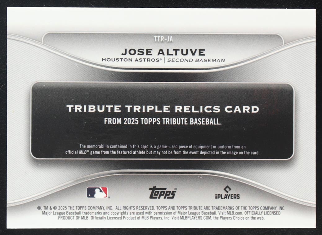 Jose Altuve 2025 Topps Tribute Triple Patch Relics Game-Used Memorabilia #TTR-JA #48/75 at PristineAuction.com Jose Altuve 2025 Topps Tribute Triple Patch Relics Game-Used Memorabilia #TTR-JA #48/75 at PristineAuction.com