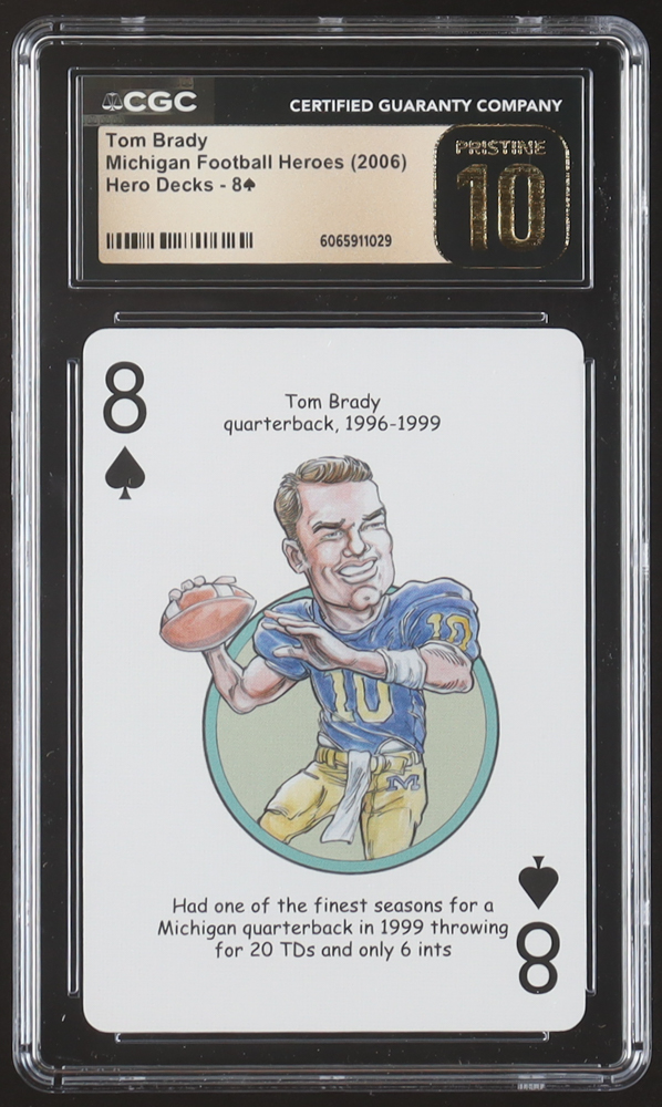 Tom Brady 2006 Hero Decks Michigan Football Heroes Eight of Spades Playing Card (CGC 10 | Pristine Black Label) at PristineAuction.com Tom Brady 2006 Hero Decks Michigan Football Heroes Eight of Spades Playing Card (CGC 10 | Pristine Black Label) at PristineAuction.com