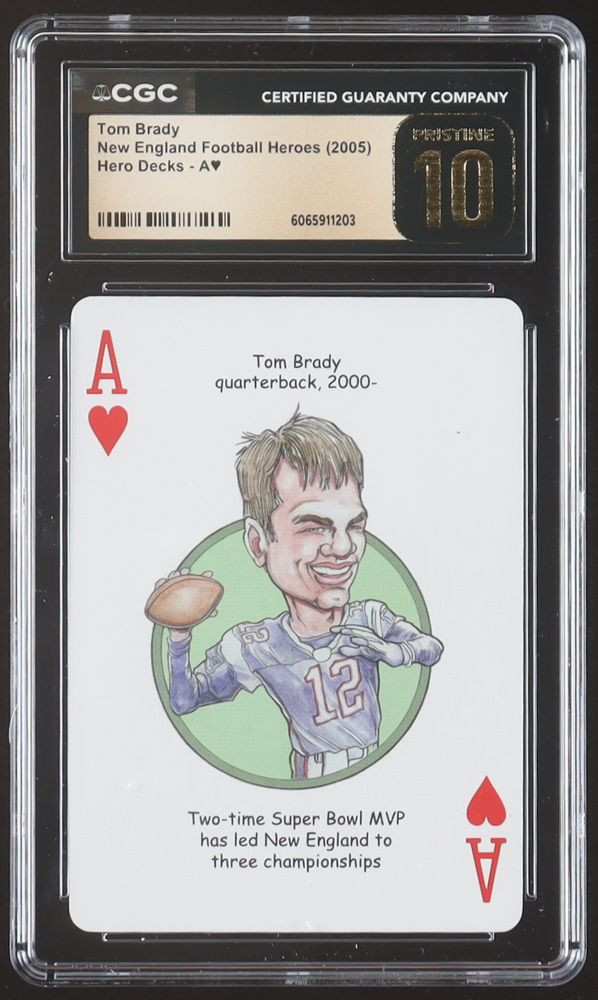 Tom Brady 2005 Hero Decks New England Football Heroes Ace of Hearts Playing Card (CGC 10 | Pristine Black Label) at PristineAuction.com Tom Brady 2005 Hero Decks New England Football Heroes Ace of Hearts Playing Card (CGC 10 | Pristine Black Label) at PristineAuction.com