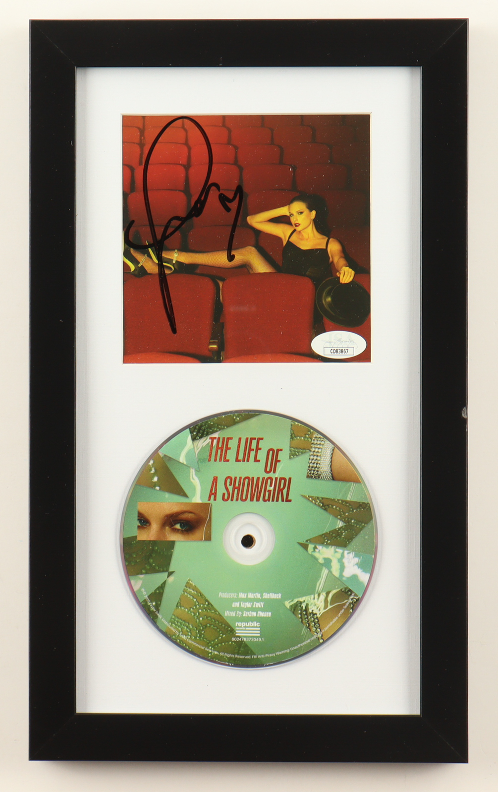 Taylor Swift Signed Custom Framed "The Life of a Showgirl" CD Album Insert Display with Disc (JSA) at PristineAuction.com Taylor Swift Signed Custom Framed "The Life of a Showgirl" CD Album Insert Display with Disc (JSA) at PristineAuction.com