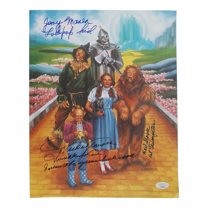 Jerry Maren, Mickey Carroll & Karl Slover Signed "The Wizard of Oz" 11x14 Print with Character Name Inscriptions (JSA) at PristineAuction.com Jerry Maren, Mickey Carroll & Karl Slover Signed "The Wizard of Oz" 11x14 Print with Character Name Inscriptions (JSA) at PristineAuction.com