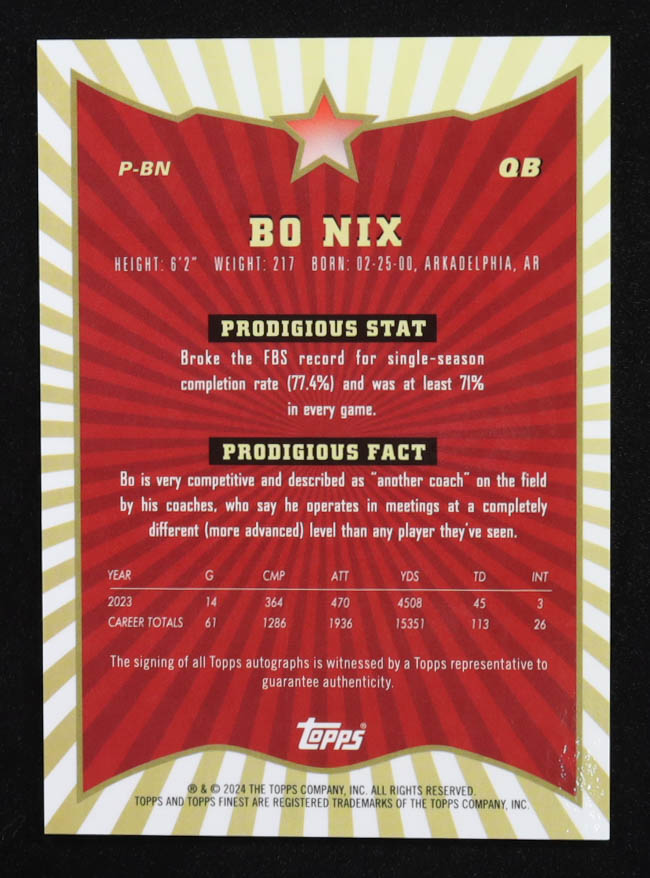 Bo Nix 2024 Finest Prodigies Autographs #PBN RC at PristineAuction.com Bo Nix 2024 Finest Prodigies Autographs #PBN RC at PristineAuction.com