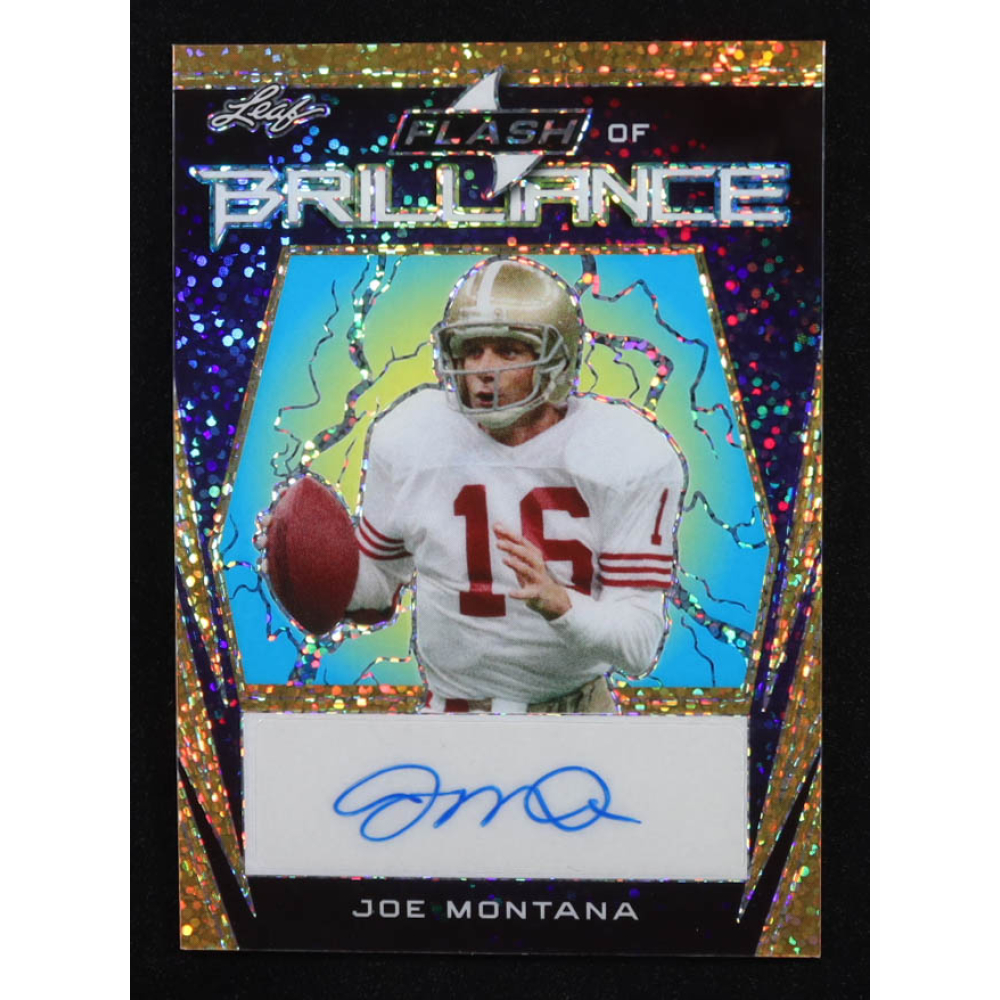 Joe Montana 2023 Leaf Eclectic Flash of Brilliance Autographs Metalized Sparkle Gold #FBJM1 #1/1 at PristineAuction.com