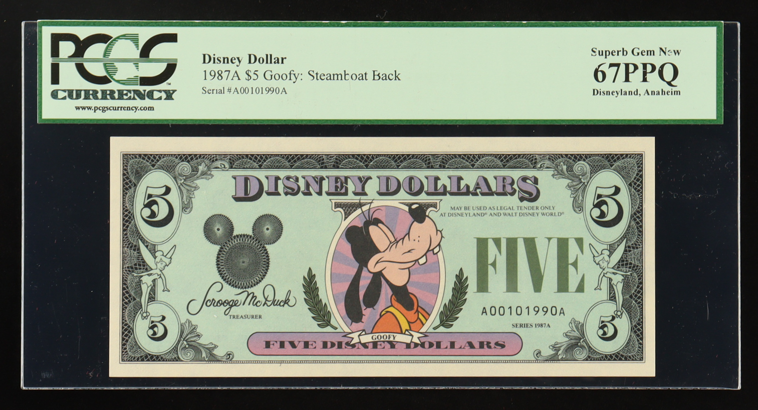 1987 Disneyland $5 Dollar Dollar Note Goofy / Steamboat (PCGS Superb Gem New 67 PPQ) at PristineAuction.com 1987 Disneyland $5 Dollar Dollar Note Goofy / Steamboat (PCGS Superb Gem New 67 PPQ) at PristineAuction.com