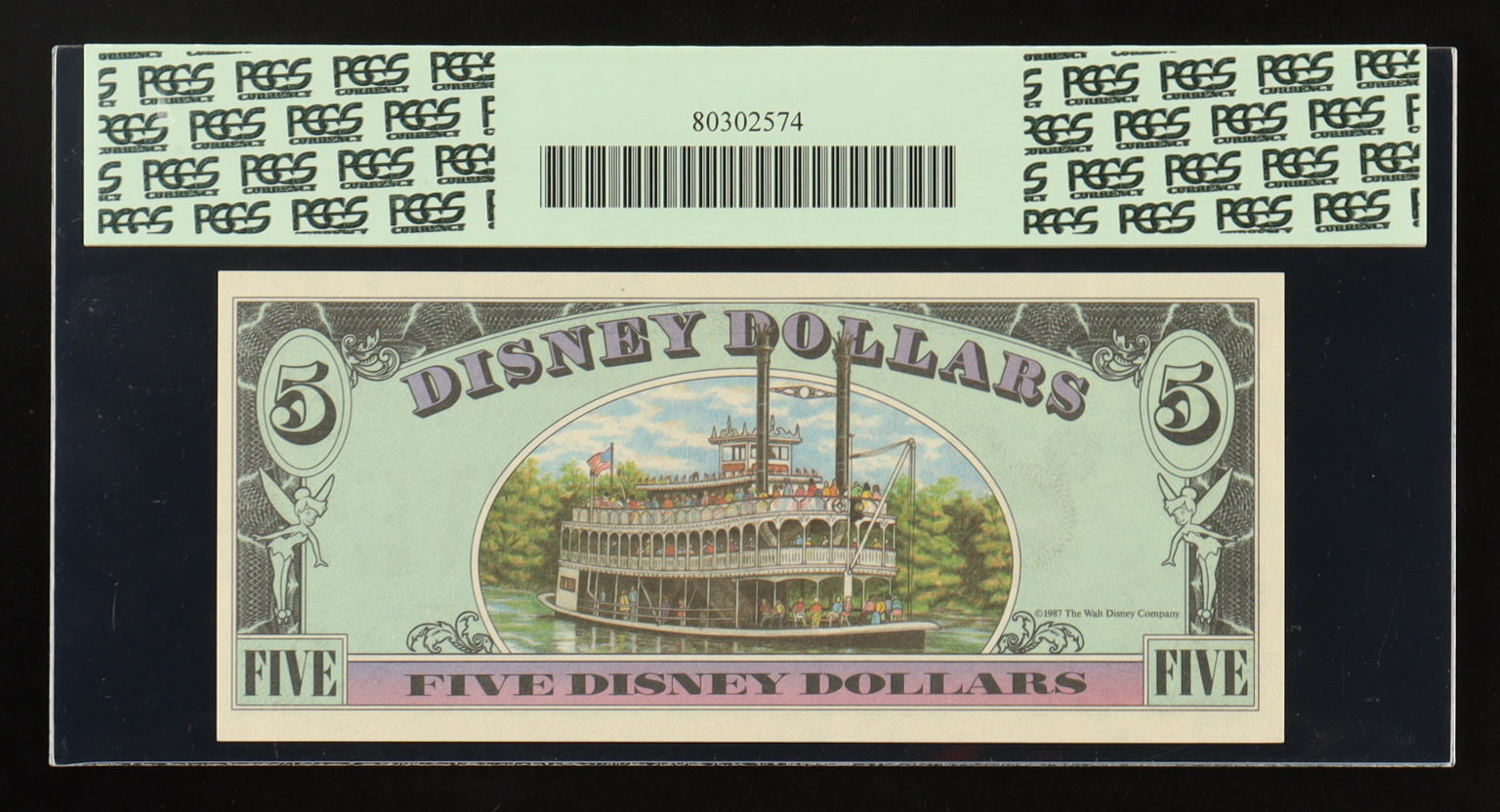 1987 Disneyland $5 Dollar Dollar Note Goofy / Steamboat (PCGS Superb Gem New 67 PPQ) at PristineAuction.com 1987 Disneyland $5 Dollar Dollar Note Goofy / Steamboat (PCGS Superb Gem New 67 PPQ) at PristineAuction.com