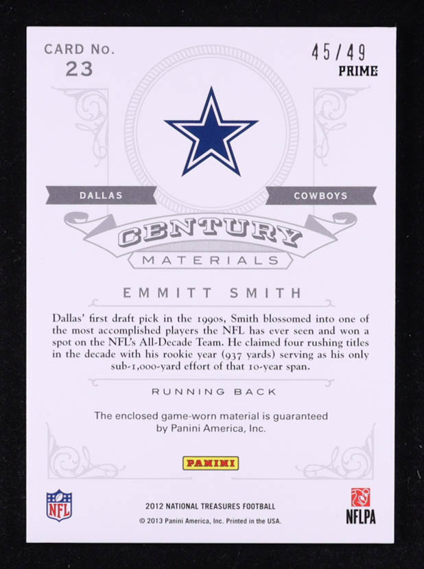 Emmitt Smith 2012 Panini National Treasures Century Materials Gold #23 #45/49 at PristineAuction.com Emmitt Smith 2012 Panini National Treasures Century Materials Gold #23 #45/49 at PristineAuction.com