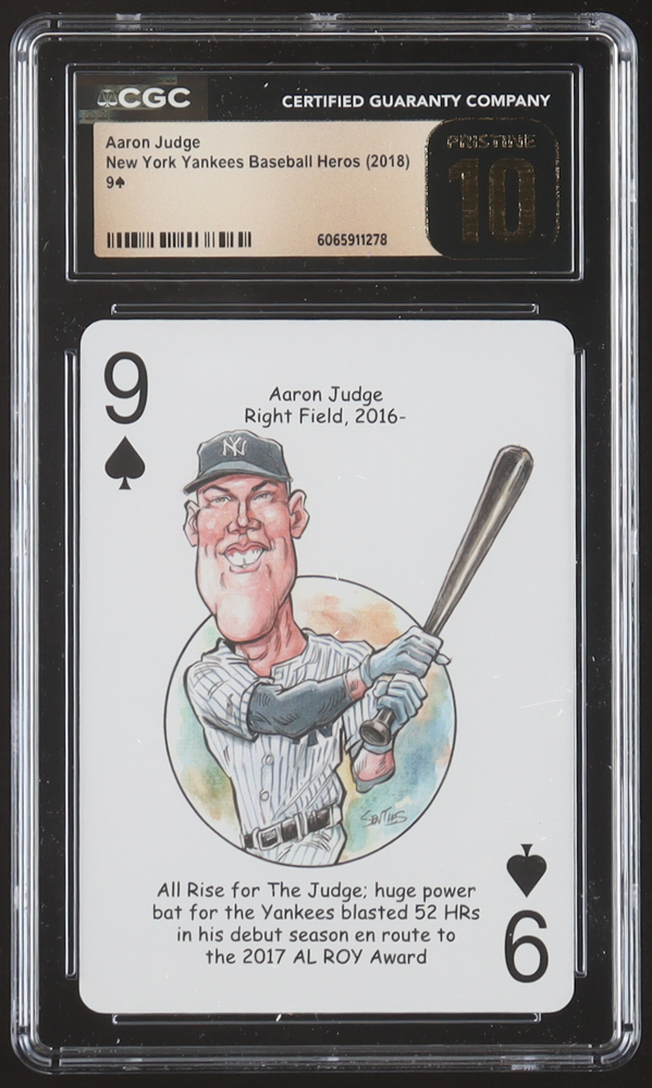 Aaron Judge 2018 New York Yankees Baseball Heros Nine of Spades Playing Card (CGC 10 | Pristine Black Label) at PristineAuction.com Aaron Judge 2018 New York Yankees Baseball Heros Nine of Spades Playing Card (CGC 10 | Pristine Black Label) at PristineAuction.com