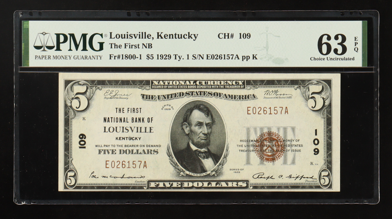 1929 U.S. $5 National Currency Note - The National Bank of Louisville - Fr. 1800-1 Signed: Jones / Woods (PMG Choice Uncirculated 63 EPQ) at PristineAuction.com 1929 U.S. $5 National Currency Note - The National Bank of Louisville - Fr. 1800-1 Signed: Jones / Woods (PMG Choice Uncirculated 63 EPQ) at PristineAuction.com