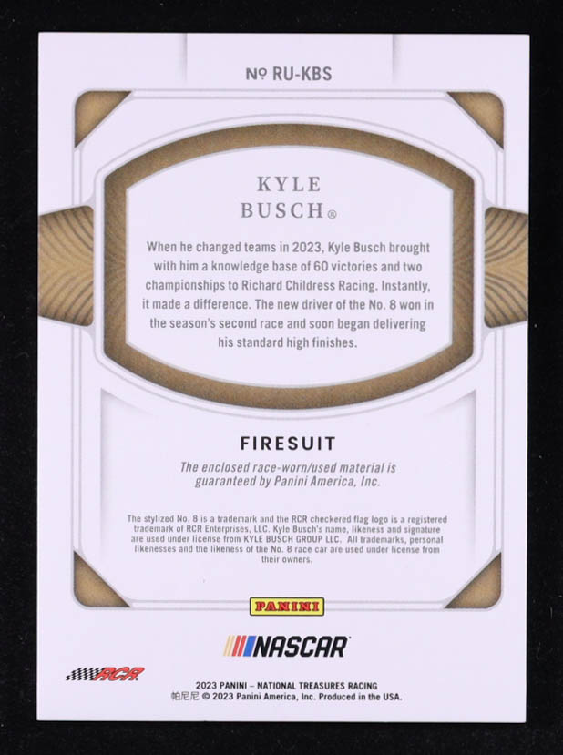 Kyle Busch 2023 Panini National Treasures Race Used Firesuits Prime #7 #9/10 at PristineAuction.com Kyle Busch 2023 Panini National Treasures Race Used Firesuits Prime #7 #9/10 at PristineAuction.com