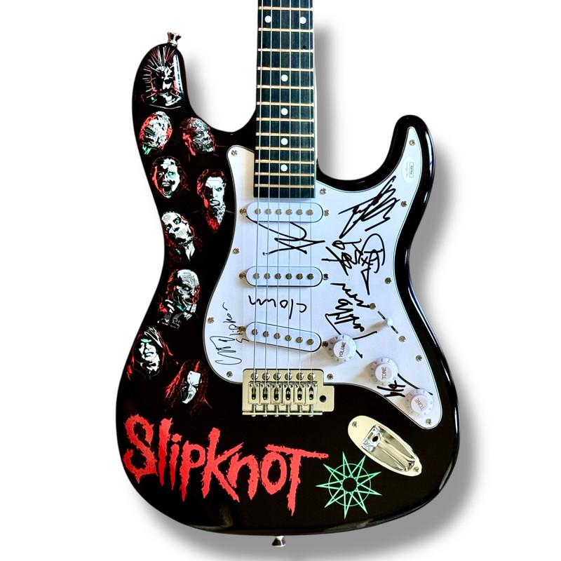 "Slipknot" Custom Stratocaster Guitar Band-Signed By (8) with Corey Taylor, Shawn Crahan, Mick Thomson (JSA) at PristineAuction.com "Slipknot" Custom Stratocaster Guitar Band-Signed By (8) with Corey Taylor, Shawn Crahan, Mick Thomson (JSA) at PristineAuction.com