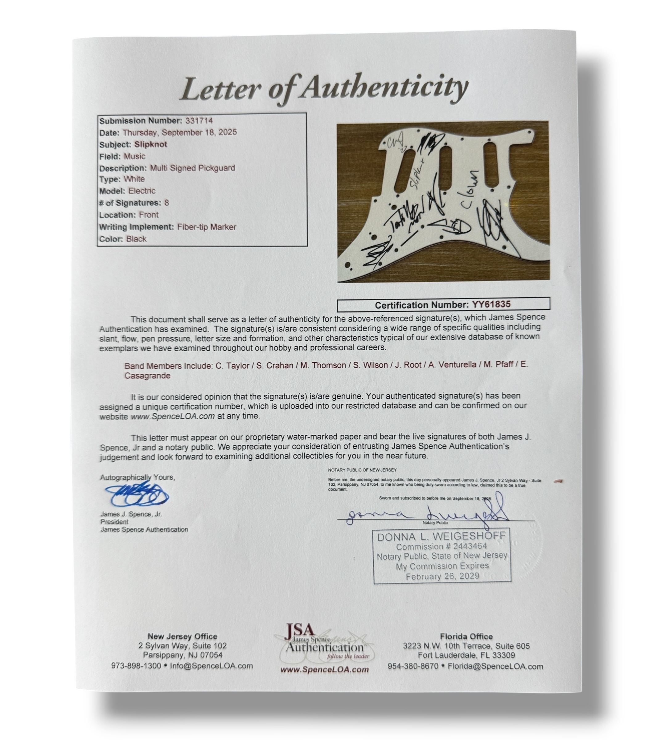 "Slipknot" Custom Stratocaster Guitar Band-Signed By (8) with Corey Taylor, Shawn Crahan, Mick Thomson (JSA) at PristineAuction.com "Slipknot" Custom Stratocaster Guitar Band-Signed By (8) with Corey Taylor, Shawn Crahan, Mick Thomson (JSA) at PristineAuction.com