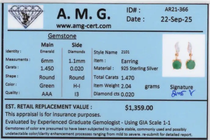 1.47 CTW Natural Diamonds & Emeralds 18K Gold Plated Designer Earrings | Estimated Retail Value: $1,359 (AMG) at PristineAuction.com 1.47 CTW Natural Diamonds & Emeralds 18K Gold Plated Designer Earrings | Estimated Retail Value: $1,359 (AMG) at PristineAuction.com