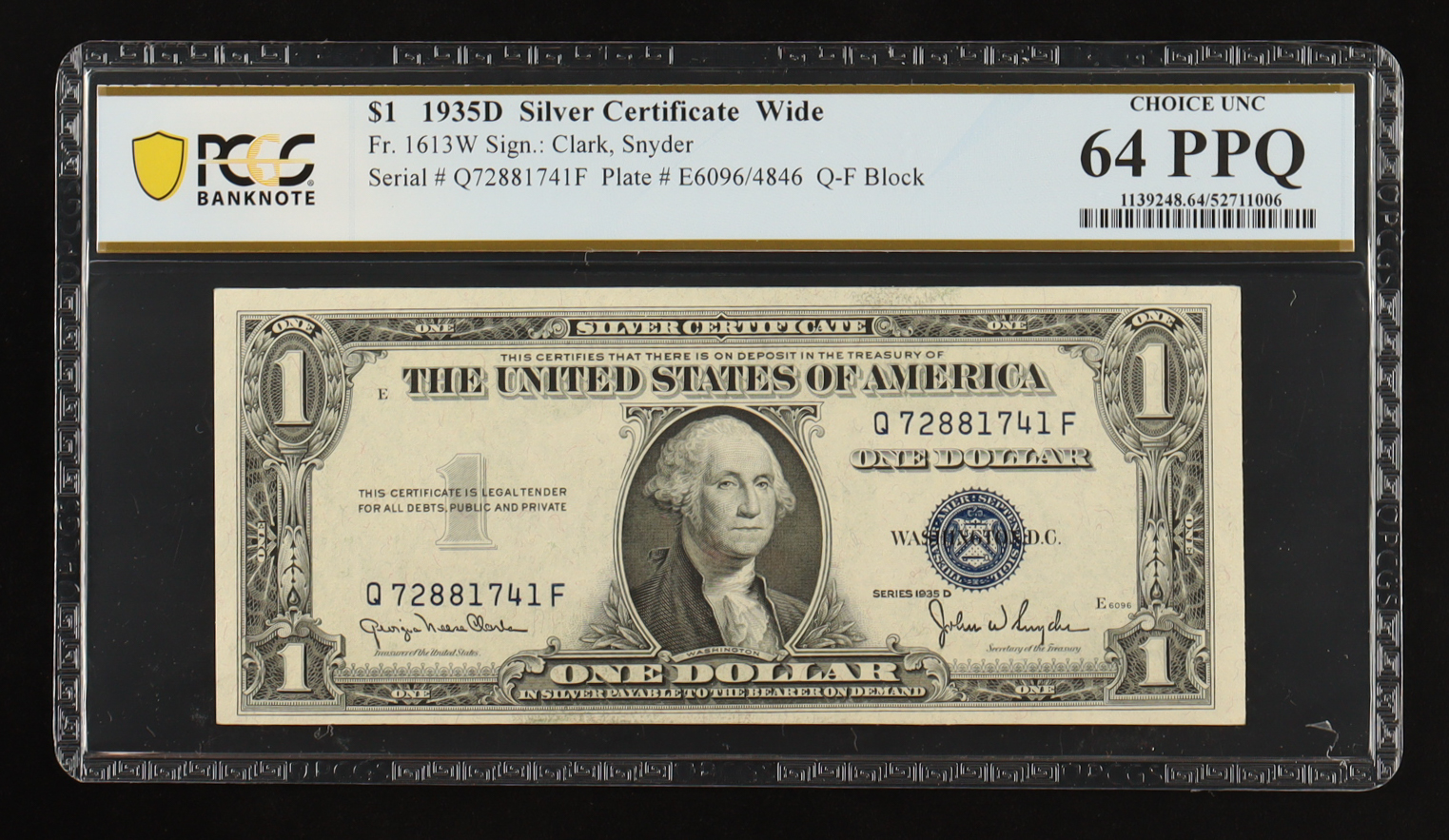 1935-D U.S. $1 Silver Certificate, Blue Seal - Fr. 1613W (Q-F Block) Signed: Clark / Snyder (PCGS Choice Unc 64 PPQ) at PristineAuction.com 1935-D U.S. $1 Silver Certificate, Blue Seal - Fr. 1613W (Q-F Block) Signed: Clark / Snyder (PCGS Choice Unc 64 PPQ) at PristineAuction.com