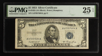 1953 U.S. $5 Silver Certificate, Blue Seal - Fr. 1655 (AA Block) Signed: Priest / Humphrey (PMG Very Fine 25 EPQ) at PristineAuction.com