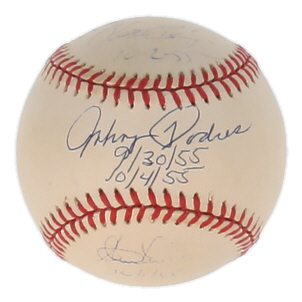 Johnny Podres, Roger Craig, & Clem Labine Signed ONL Jackie Robinson 50th Anniversary Logo Baseball Inscribed "10-2-55", "9/30/55", 10/4/55", "10/1/55" (JSA) at PristineAuction.com Johnny Podres, Roger Craig, & Clem Labine Signed ONL Jackie Robinson 50th Anniversary Logo Baseball Inscribed "10-2-55", "9/30/55", 10/4/55", "10/1/55" (JSA) at PristineAuction.com