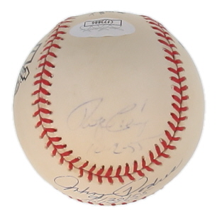 Johnny Podres, Roger Craig, & Clem Labine Signed ONL Jackie Robinson 50th Anniversary Logo Baseball Inscribed "10-2-55", "9/30/55", 10/4/55", "10/1/55" (JSA) at PristineAuction.com Johnny Podres, Roger Craig, & Clem Labine Signed ONL Jackie Robinson 50th Anniversary Logo Baseball Inscribed "10-2-55", "9/30/55", 10/4/55", "10/1/55" (JSA) at PristineAuction.com