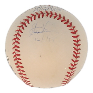 Johnny Podres, Roger Craig, & Clem Labine Signed ONL Jackie Robinson 50th Anniversary Logo Baseball Inscribed "10-2-55", "9/30/55", 10/4/55", "10/1/55" (JSA) at PristineAuction.com Johnny Podres, Roger Craig, & Clem Labine Signed ONL Jackie Robinson 50th Anniversary Logo Baseball Inscribed "10-2-55", "9/30/55", 10/4/55", "10/1/55" (JSA) at PristineAuction.com