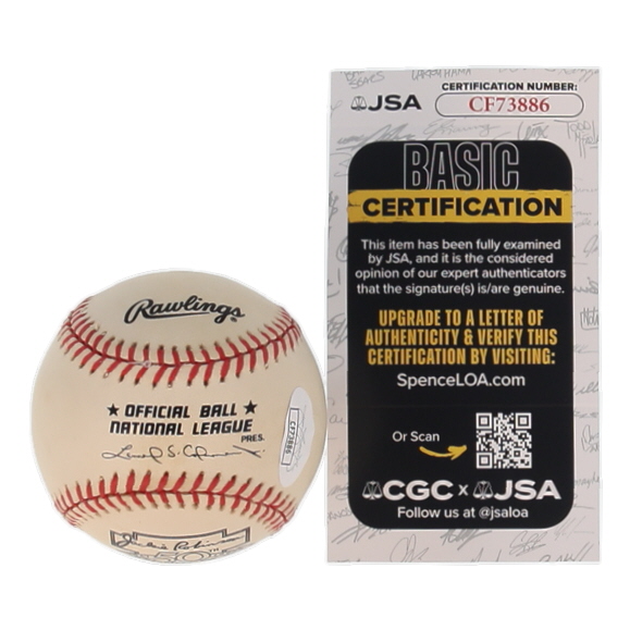 Johnny Podres, Roger Craig, & Clem Labine Signed ONL Jackie Robinson 50th Anniversary Logo Baseball Inscribed "10-2-55", "9/30/55", 10/4/55", "10/1/55" (JSA) at PristineAuction.com Johnny Podres, Roger Craig, & Clem Labine Signed ONL Jackie Robinson 50th Anniversary Logo Baseball Inscribed "10-2-55", "9/30/55", 10/4/55", "10/1/55" (JSA) at PristineAuction.com