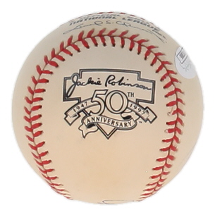 Johnny Podres, Roger Craig, & Clem Labine Signed ONL Jackie Robinson 50th Anniversary Logo Baseball Inscribed "10-2-55", "9/30/55", 10/4/55", "10/1/55" (JSA) at PristineAuction.com Johnny Podres, Roger Craig, & Clem Labine Signed ONL Jackie Robinson 50th Anniversary Logo Baseball Inscribed "10-2-55", "9/30/55", 10/4/55", "10/1/55" (JSA) at PristineAuction.com