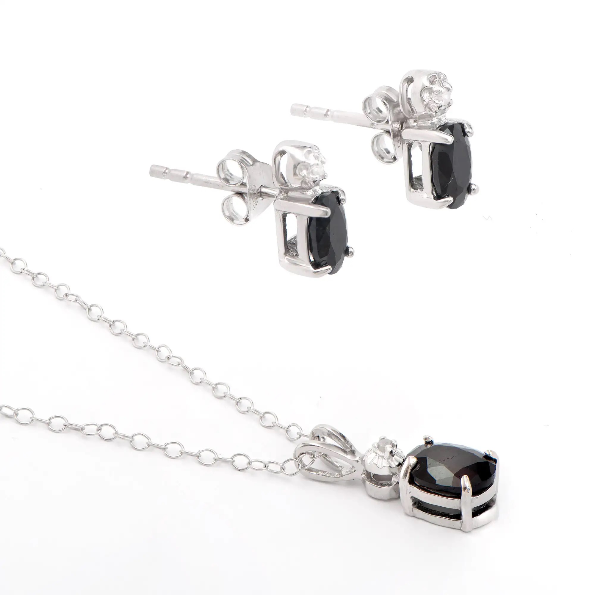 2.73 CTW Natural Diamonds & Sapphire Rhodium Plated Designer Necklace & Earring Set | Estimated Retail Value: $1,849 (AMG) at PristineAuction.com 2.73 CTW Natural Diamonds & Sapphire Rhodium Plated Designer Necklace & Earring Set | Estimated Retail Value: $1,849 (AMG) at PristineAuction.com