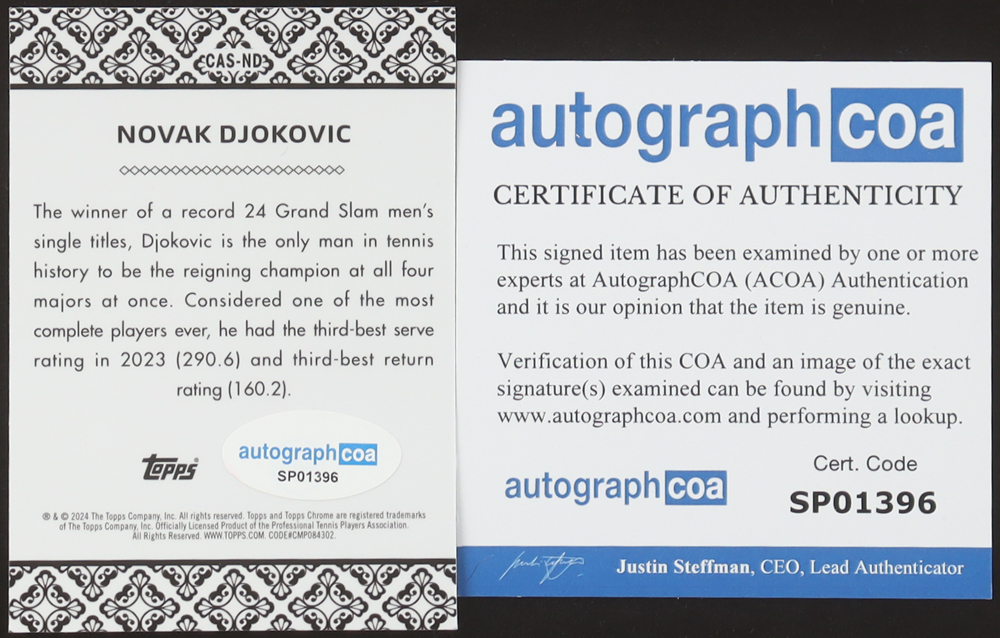 Novak Djokovic Signed 2024 Topps Chrome Tennis Aces #CAS-ND (ACOA) at PristineAuction.com Novak Djokovic Signed 2024 Topps Chrome Tennis Aces #CAS-ND (ACOA) at PristineAuction.com