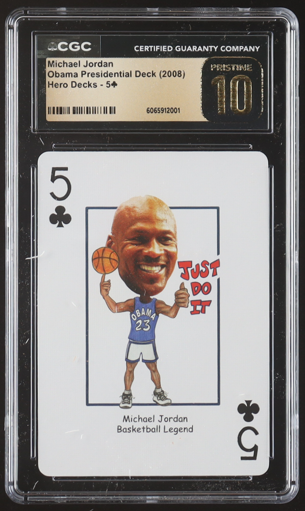Michael Jordan 2008 Hero Decks Obama Presidential Deck Five of Clubs Playing Card (CGC 10 | Pristine Black Label) at PristineAuction.com Michael Jordan 2008 Hero Decks Obama Presidential Deck Five of Clubs Playing Card (CGC 10 | Pristine Black Label) at PristineAuction.com