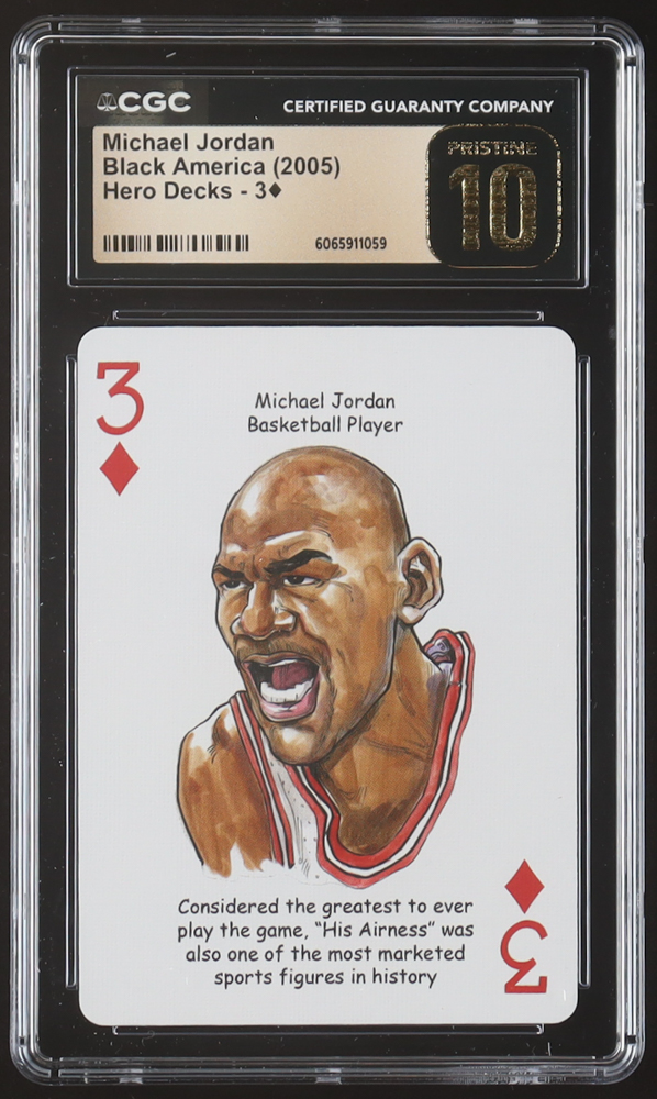 Michael Jordan 2005 Hero Decks Black America Three of Diamonds Playing Card (CGC 10 | Pristine Black Label) at PristineAuction.com Michael Jordan 2005 Hero Decks Black America Three of Diamonds Playing Card (CGC 10 | Pristine Black Label) at PristineAuction.com