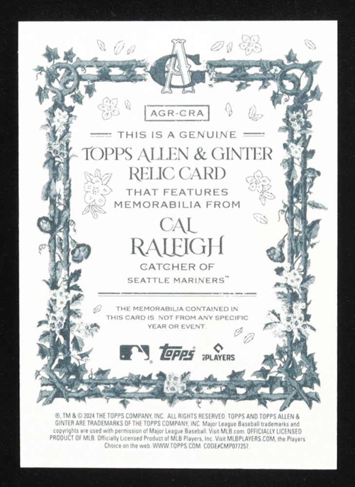 Cal Raleigh 2024 Topps Allen and Ginter Relics #AGRCRA at PristineAuction.com Cal Raleigh 2024 Topps Allen and Ginter Relics #AGRCRA at PristineAuction.com