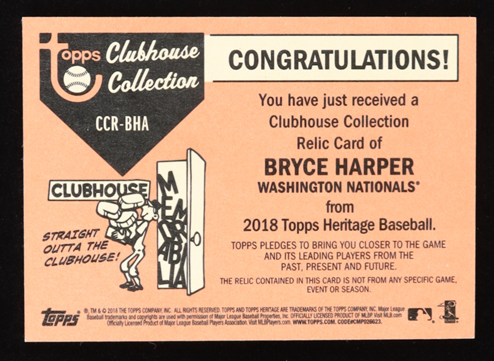 Bryce Harper 2018 Topps Heritage Clubhouse Collection Relics #CCRBHA at PristineAuction.com Bryce Harper 2018 Topps Heritage Clubhouse Collection Relics #CCRBHA at PristineAuction.com