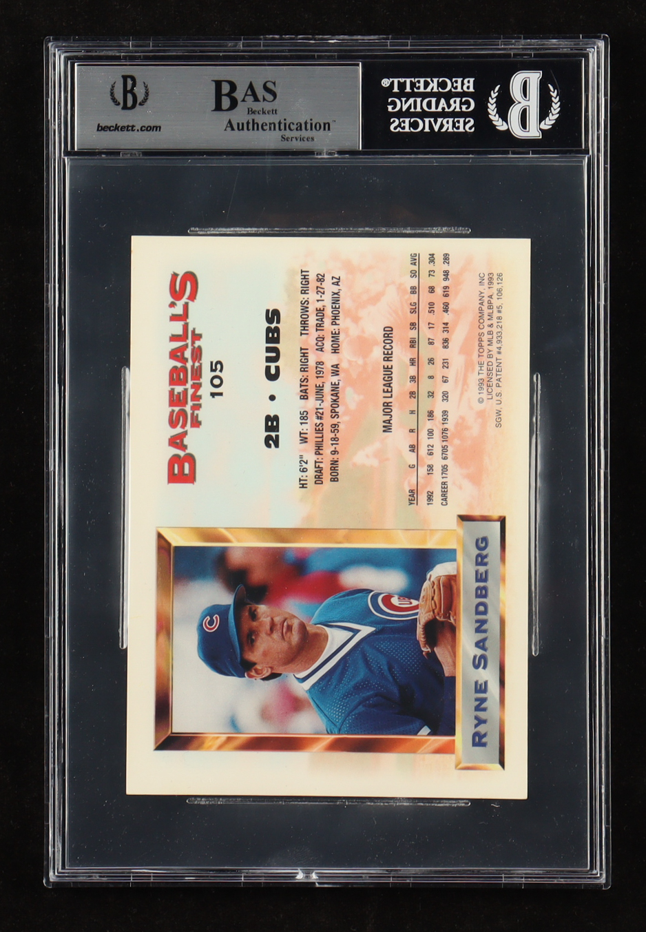 Ryne Sandberg Signed 1993 Topps Baseball's Finest #105 Jumbo Card (BGS) at PristineAuction.com Ryne Sandberg Signed 1993 Topps Baseball's Finest #105 Jumbo Card (BGS) at PristineAuction.com