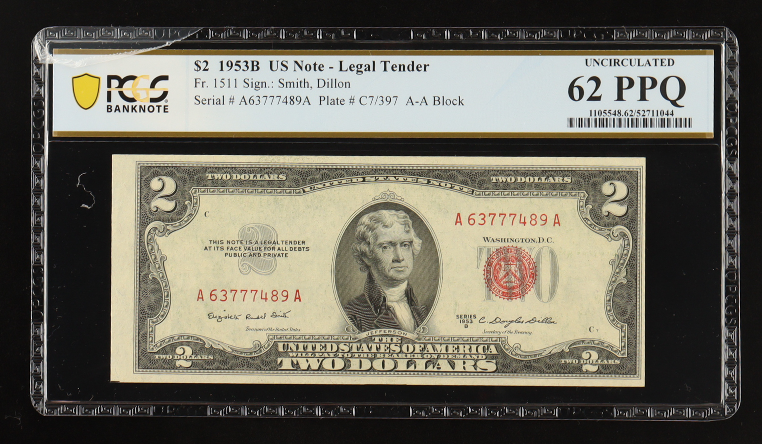 1953-B U.S. $2 Legal Tender Note, Red Seal - Fr. 1511 (AA Block) Signed: Smith / Dillon (PCGS Uncirculated 62 PPQ) at PristineAuction.com 1953-B U.S. $2 Legal Tender Note, Red Seal - Fr. 1511 (AA Block) Signed: Smith / Dillon (PCGS Uncirculated 62 PPQ) at PristineAuction.com