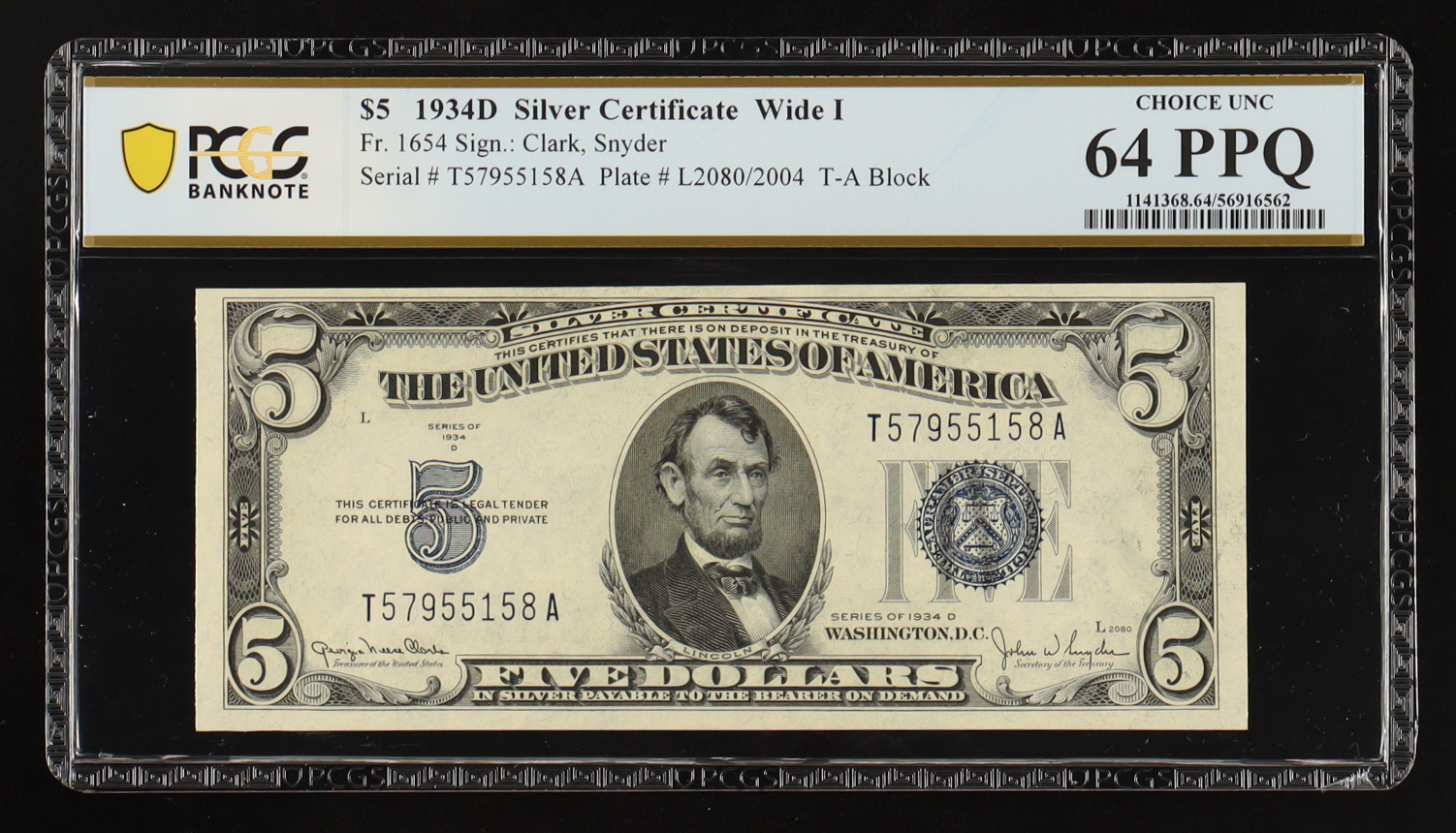 1934-D U.S. $5 Silver Certificate "Wide I" - Fr. 1654 (TA Block) Signed: Clark / Snyder (PCGS Choice Unc 64 PPQ) at PristineAuction.com 1934-D U.S. $5 Silver Certificate "Wide I" - Fr. 1654 (TA Block) Signed: Clark / Snyder (PCGS Choice Unc 64 PPQ) at PristineAuction.com