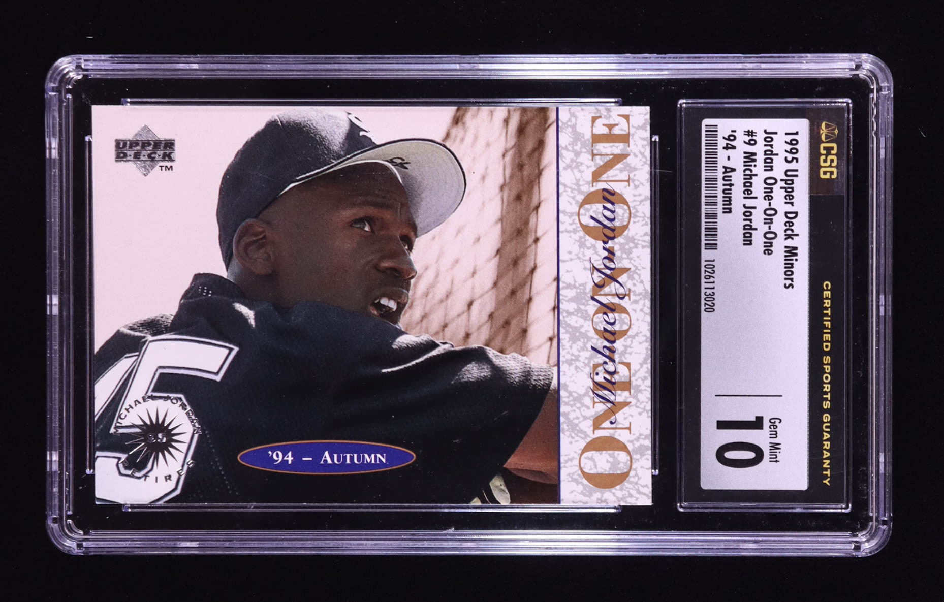 Michael Jordan 1995 Upper Deck Minors Michael Jordan One On One #9 RC / '94 Autumn (CSG 10) at PristineAuction.com Michael Jordan 1995 Upper Deck Minors Michael Jordan One On One #9 RC / '94 Autumn (CSG 10) at PristineAuction.com