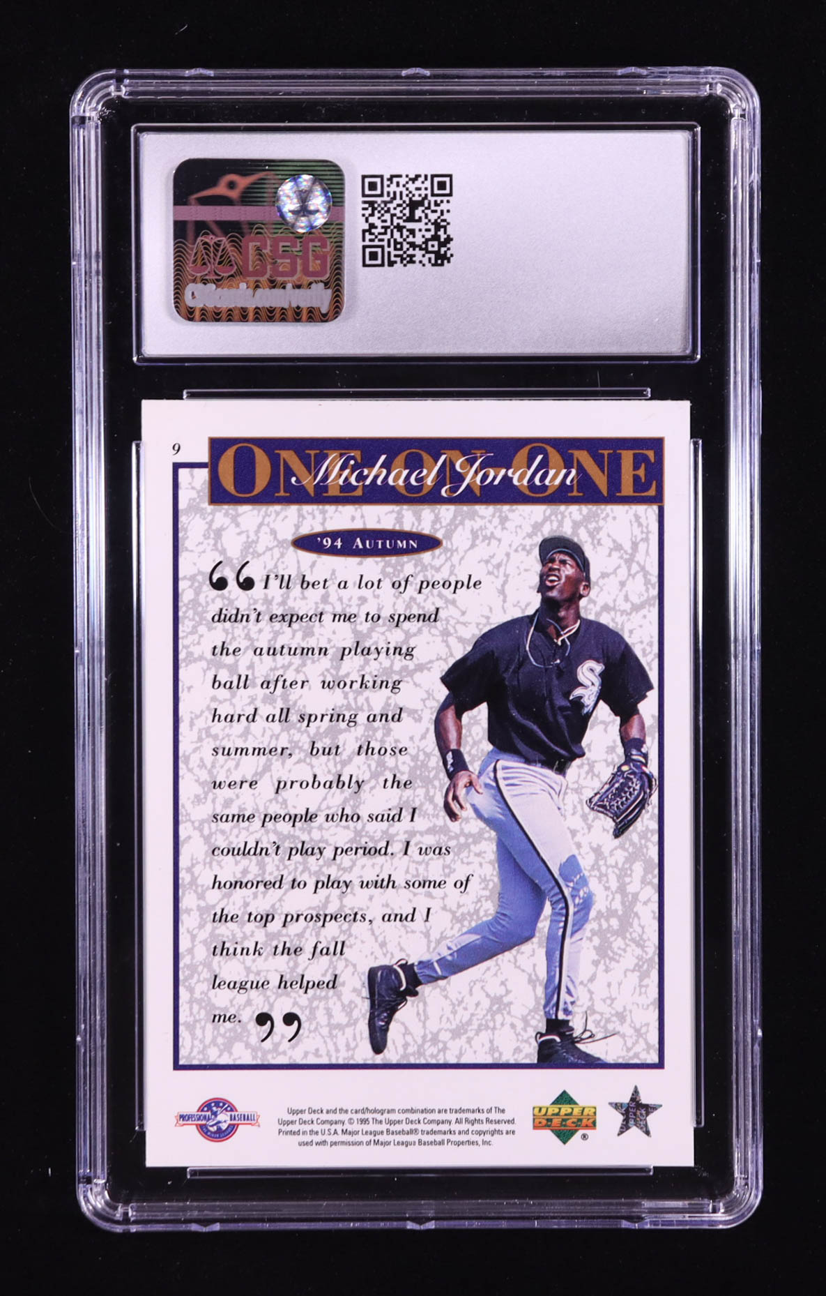 Michael Jordan 1995 Upper Deck Minors Michael Jordan One On One #9 RC / '94 Autumn (CSG 10) at PristineAuction.com Michael Jordan 1995 Upper Deck Minors Michael Jordan One On One #9 RC / '94 Autumn (CSG 10) at PristineAuction.com