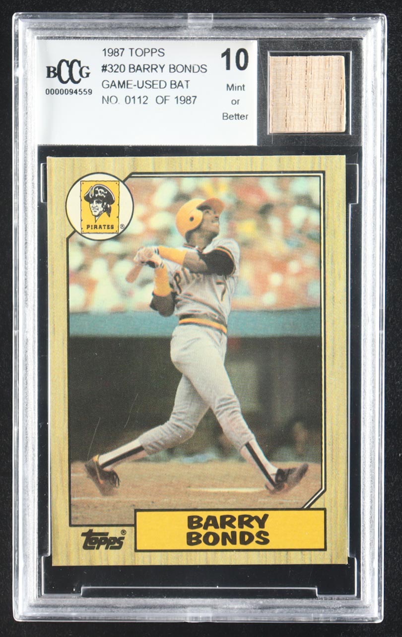 Barry Bonds 1987 Topps #320 RC With Game-Used Bat Relic #112/1987 (BCCG 10) at PristineAuction.com Barry Bonds 1987 Topps #320 RC With Game-Used Bat Relic #112/1987 (BCCG 10) at PristineAuction.com