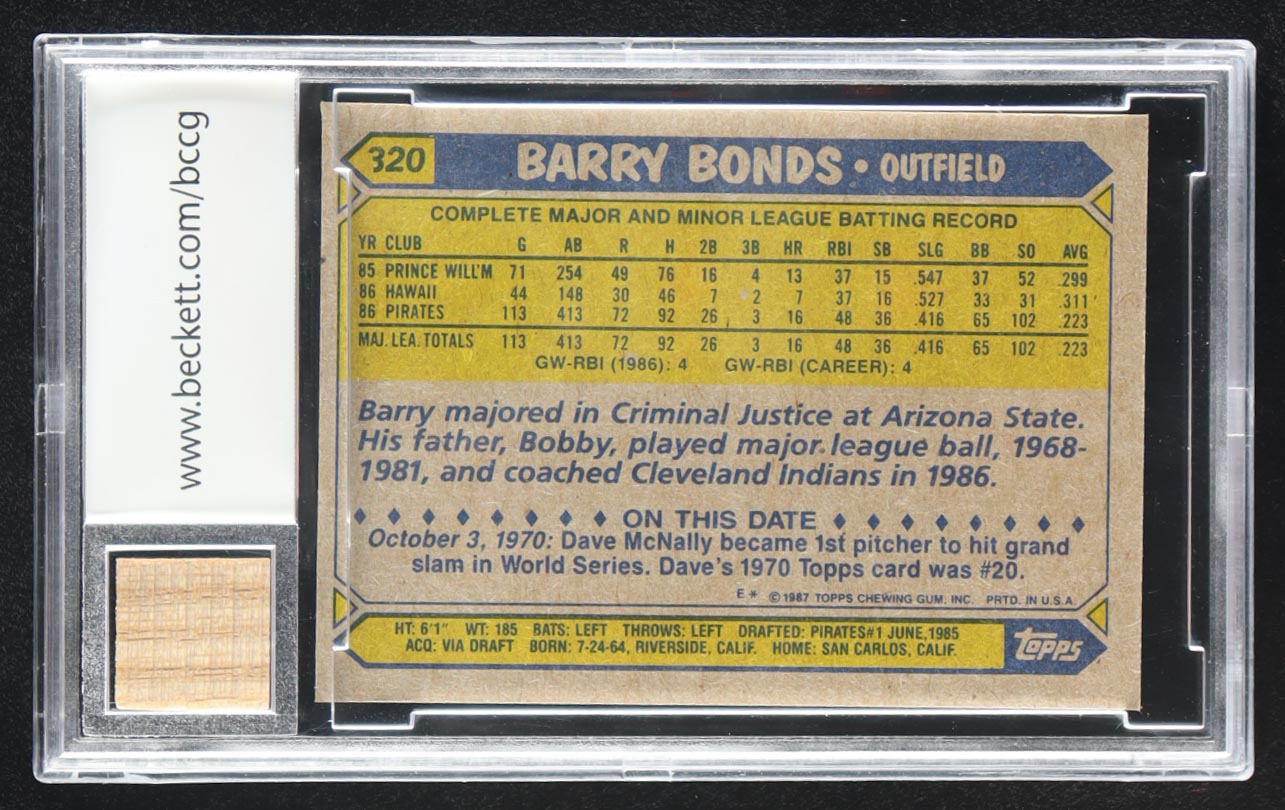 Barry Bonds 1987 Topps #320 RC With Game-Used Bat Relic #112/1987 (BCCG 10) at PristineAuction.com Barry Bonds 1987 Topps #320 RC With Game-Used Bat Relic #112/1987 (BCCG 10) at PristineAuction.com