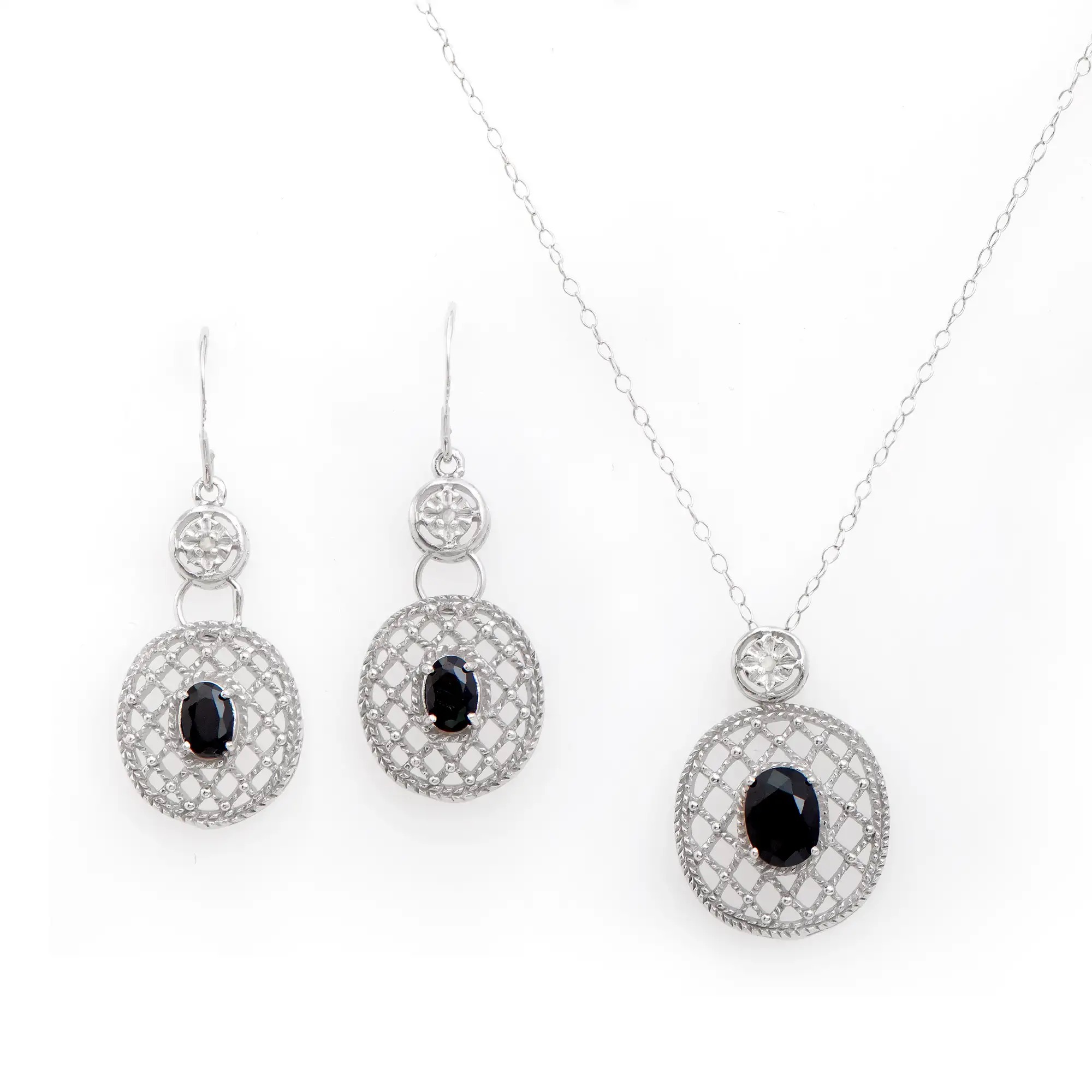 2.73 CTW Natural Diamonds & Sapphire Rhodium Plated Designer Earring & Necklace Set | Estimated Retail Value: $1,839 (AMG) at PristineAuction.com 2.73 CTW Natural Diamonds & Sapphire Rhodium Plated Designer Earring & Necklace Set | Estimated Retail Value: $1,839 (AMG) at PristineAuction.com