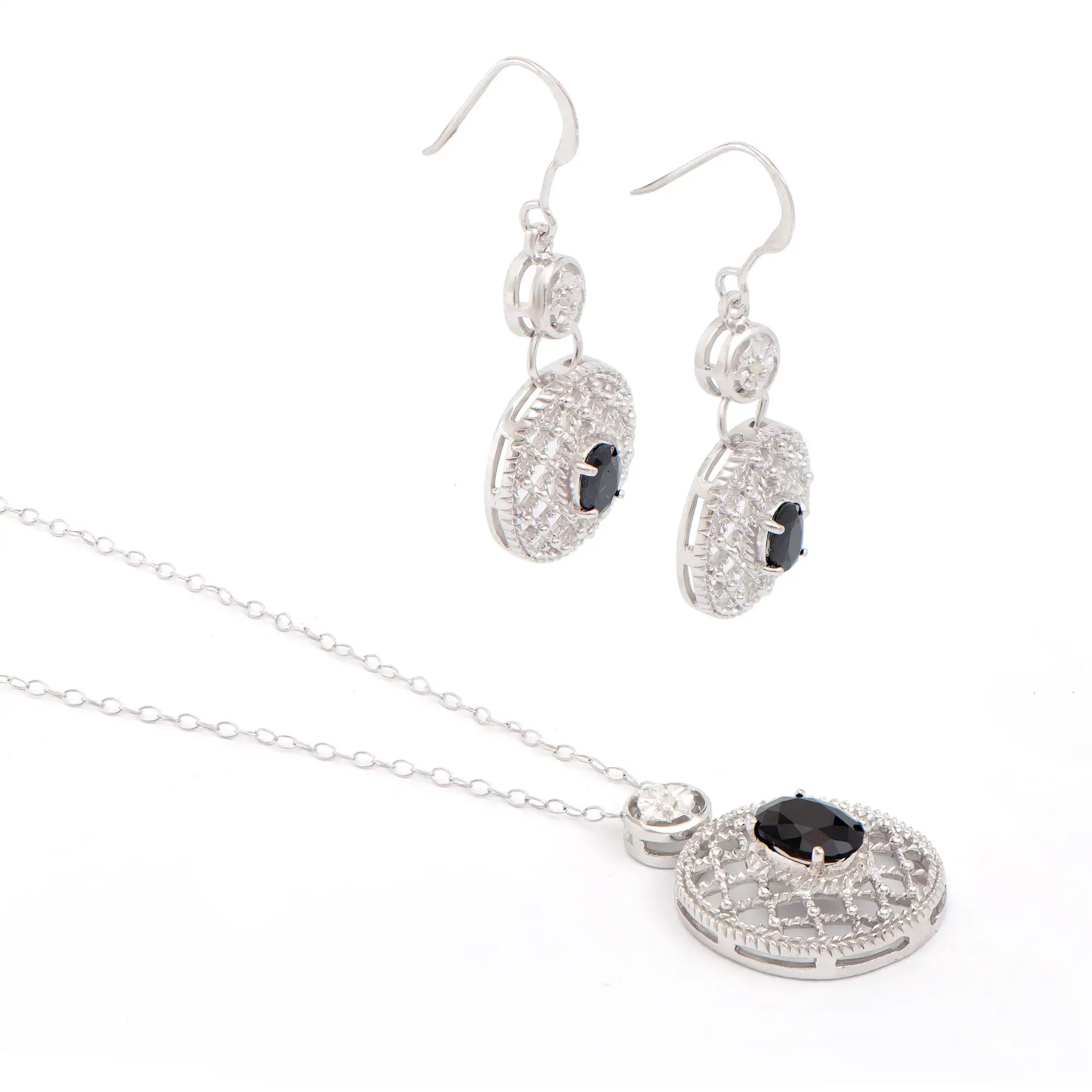 2.73 CTW Natural Diamonds & Sapphire Rhodium Plated Designer Earring & Necklace Set | Estimated Retail Value: $1,839 (AMG) at PristineAuction.com 2.73 CTW Natural Diamonds & Sapphire Rhodium Plated Designer Earring & Necklace Set | Estimated Retail Value: $1,839 (AMG) at PristineAuction.com