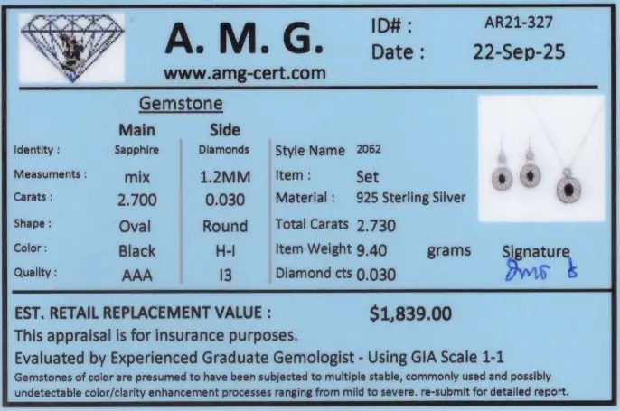 2.73 CTW Natural Diamonds & Sapphire Rhodium Plated Designer Earring & Necklace Set | Estimated Retail Value: $1,839 (AMG) at PristineAuction.com 2.73 CTW Natural Diamonds & Sapphire Rhodium Plated Designer Earring & Necklace Set | Estimated Retail Value: $1,839 (AMG) at PristineAuction.com