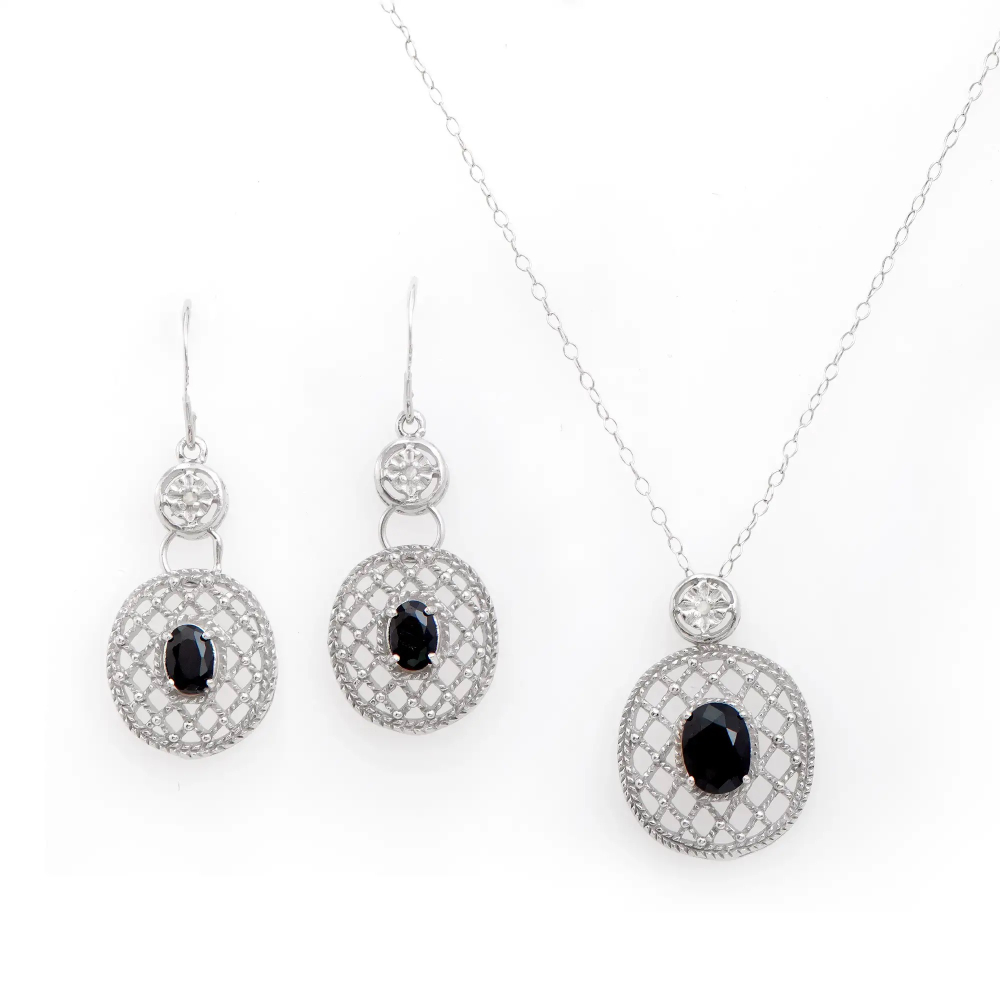 2.73 CTW Natural Diamonds & Sapphire Rhodium Plated Designer Earring & Necklace Set  | Estimated Retail Value: $1,839 (AMG) at PristineAuction.com