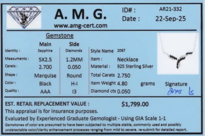 2.75 CTW Natural Diamonds & Sapphire Rhodium Plated Designer Necklace | Estimated Retail Value: $1,799 (AMG) at PristineAuction.com 2.75 CTW Natural Diamonds & Sapphire Rhodium Plated Designer Necklace | Estimated Retail Value: $1,799 (AMG) at PristineAuction.com
