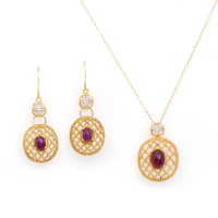 2.73 CTW Natural Diamonds & Ruby 18K Gold Plated Designer Earring & Necklace Set | Estimated Retail Value: $1,839 (AMG) at PristineAuction.com