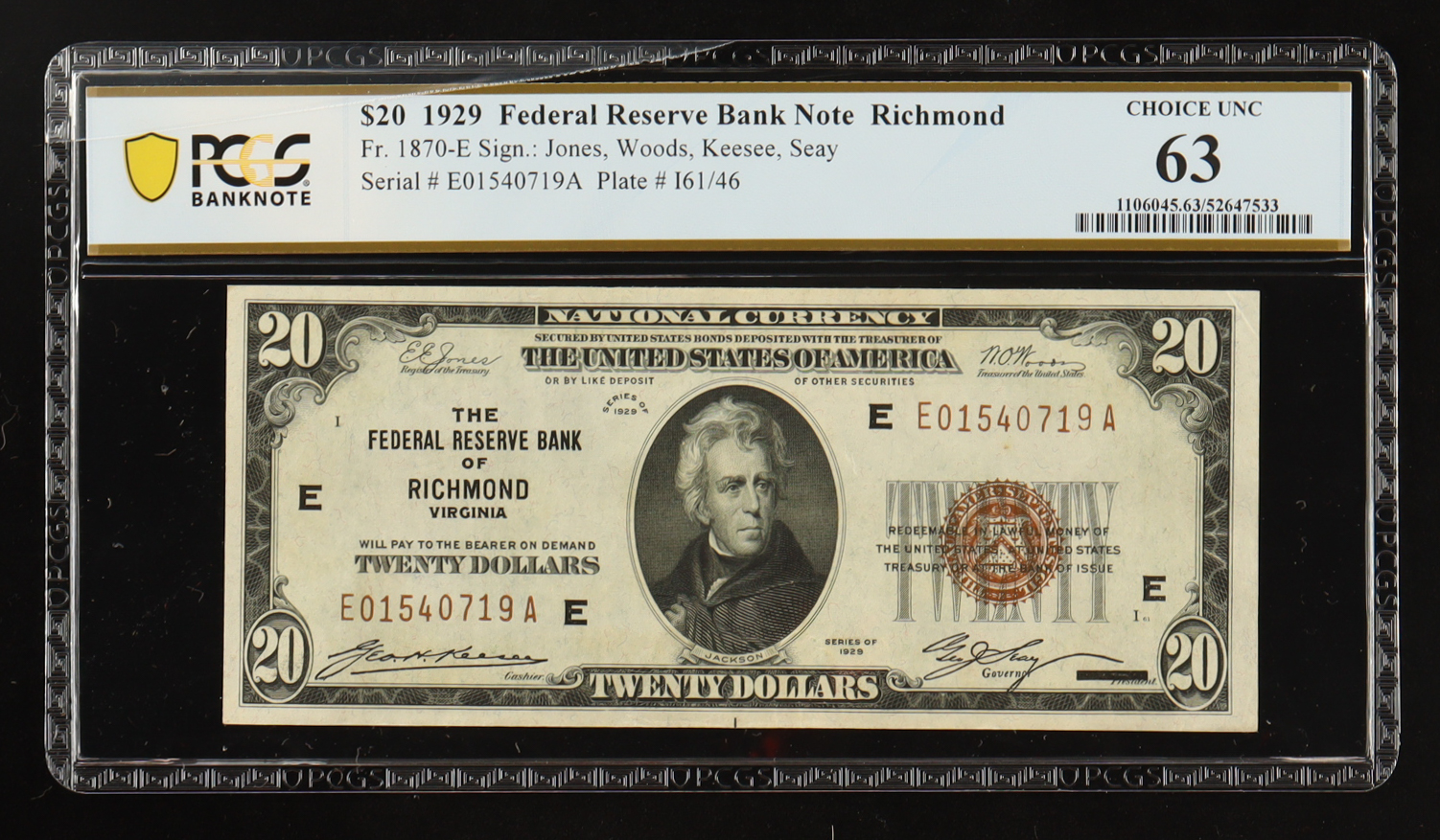 1929 U.S. $20 National Currency Note, Richmond - Fr. 1870-E Signed: Jones / Woods / Keesee / Seay (PCGS Choice Unc 63) at PristineAuction.com 1929 U.S. $20 National Currency Note, Richmond - Fr. 1870-E Signed: Jones / Woods / Keesee / Seay (PCGS Choice Unc 63) at PristineAuction.com