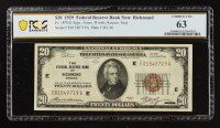 1929 U.S. $20 National Currency Note, Richmond - Fr. 1870-E Signed: Jones / Woods / Keesee / Seay (PCGS Choice Unc 63) at PristineAuction.com