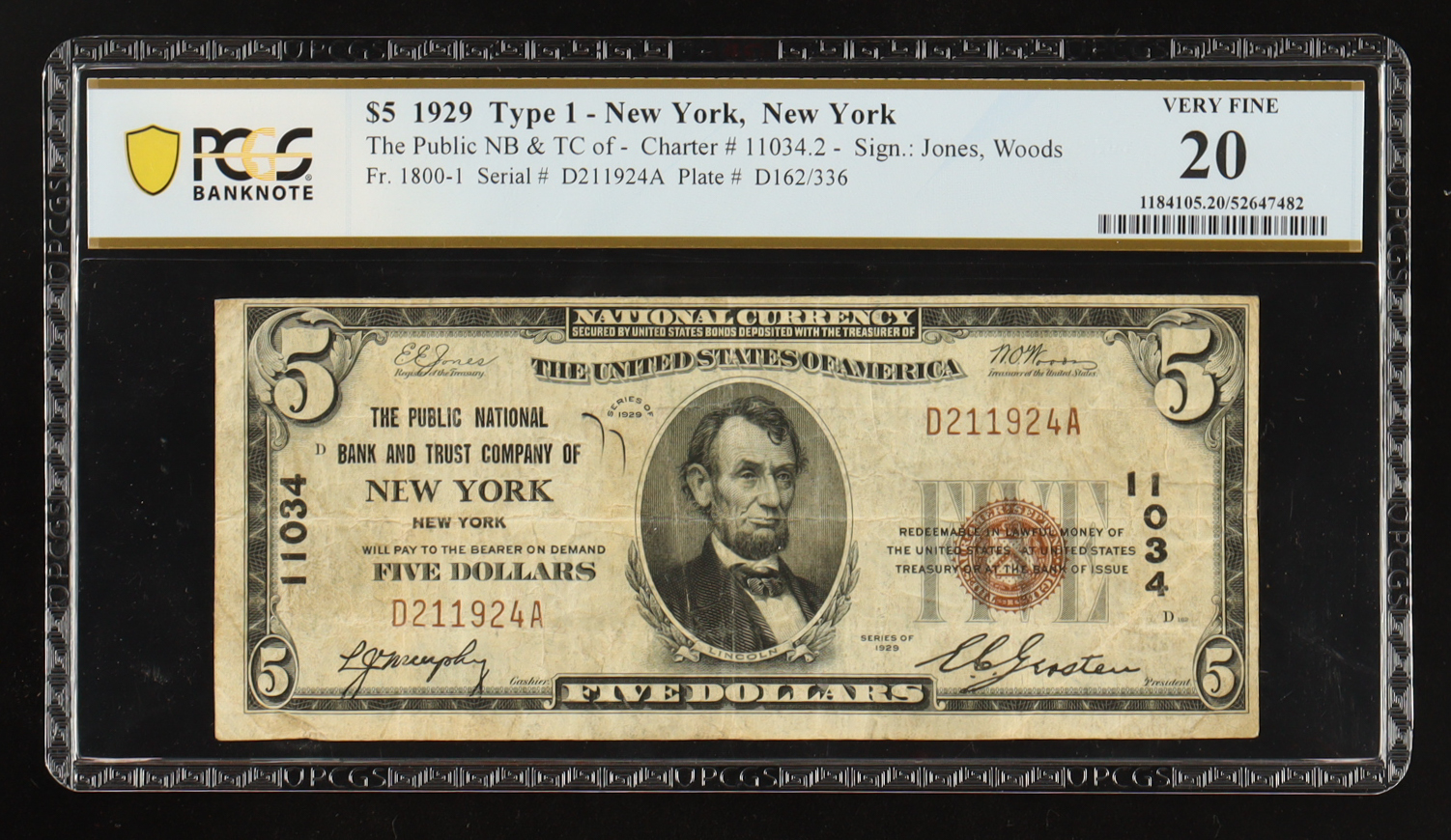 1929 U.S. $5 National Currency Note - The Public National Bank & Trust Company of New York - Fr. 1800-1 Signed: Jones / Woods (PCGS Very Fine 20) at PristineAuction.com 1929 U.S. $5 National Currency Note - The Public National Bank & Trust Company of New York - Fr. 1800-1 Signed: Jones / Woods (PCGS Very Fine 20) at PristineAuction.com