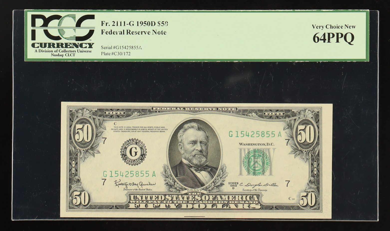 1950-D U.S. $50 Federal Reserve Note, Chicago - Fr. 2111-H Signed: Granahan / Dillon (PCGS Very Choice New 64 PPQ) at PristineAuction.com 1950-D U.S. $50 Federal Reserve Note, Chicago - Fr. 2111-H Signed: Granahan / Dillon (PCGS Very Choice New 64 PPQ) at PristineAuction.com