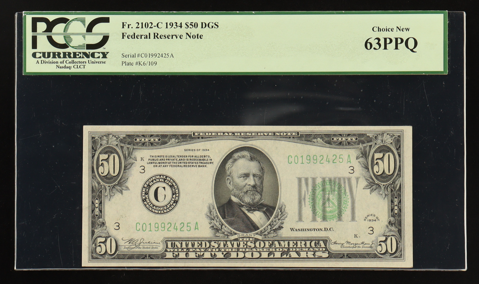 1934 U.S. $50 Federal Reserve Note, Philadelphia - Fr. 2102-C Signed: Julian / Morgenthau (PCGS Choice New 63 PPQ) at PristineAuction.com 1934 U.S. $50 Federal Reserve Note, Philadelphia - Fr. 2102-C Signed: Julian / Morgenthau (PCGS Choice New 63 PPQ) at PristineAuction.com