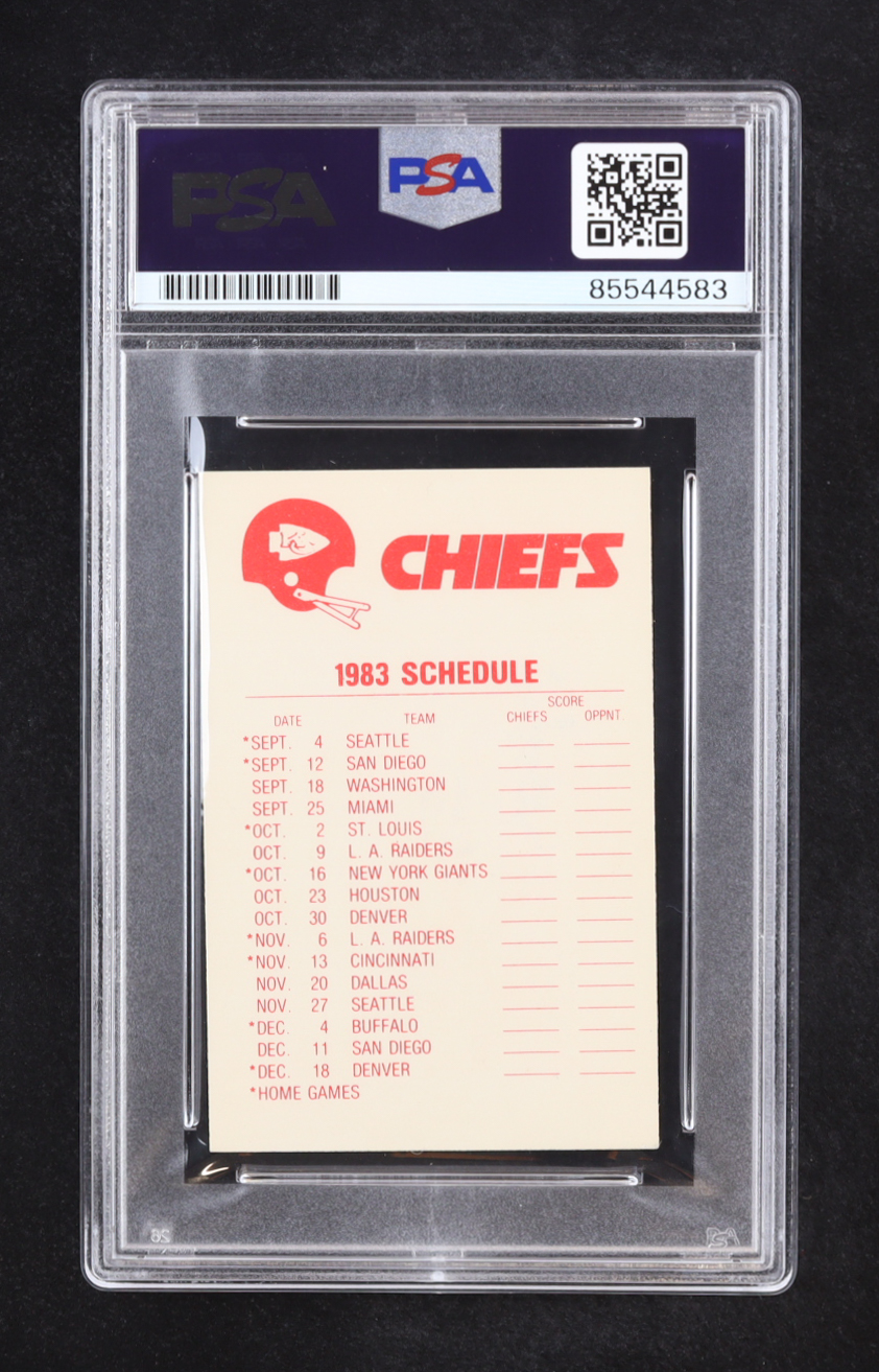 Steve Spagnuolo Signed 1983 Chiefs Schedule Sticker Inscribed "42-54" & "57-58" (PSA) at PristineAuction.com Steve Spagnuolo Signed 1983 Chiefs Schedule Sticker Inscribed "42-54" & "57-58" (PSA) at PristineAuction.com