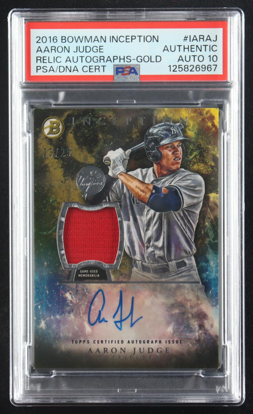 Aaron Judge 2016 Bowman Inception Relic Autographs Gold #IARAJ #23/25 RC (PSA Authentic | Auto 10) at PristineAuction.com Aaron Judge 2016 Bowman Inception Relic Autographs Gold #IARAJ #23/25 RC (PSA Authentic | Auto 10) at PristineAuction.com
