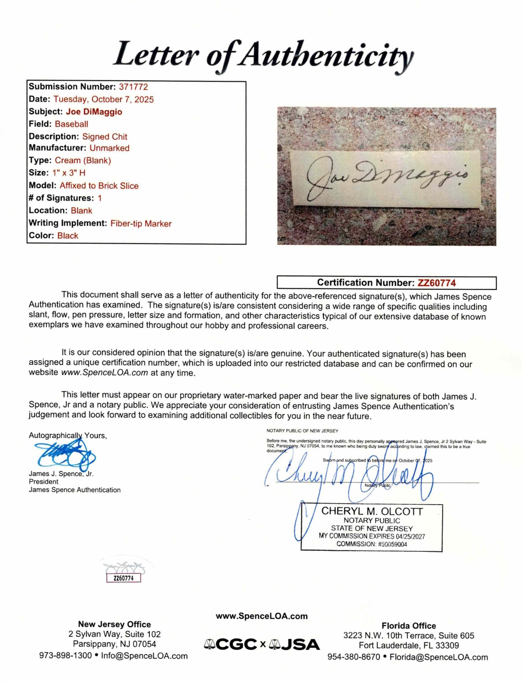 Joe DiMaggio Signed Chit Custom Framed Display with Yankee Stadium Monument Park Brick (JSA & MLB) at PristineAuction.com Joe DiMaggio Signed Chit Custom Framed Display with Yankee Stadium Monument Park Brick (JSA & MLB) at PristineAuction.com